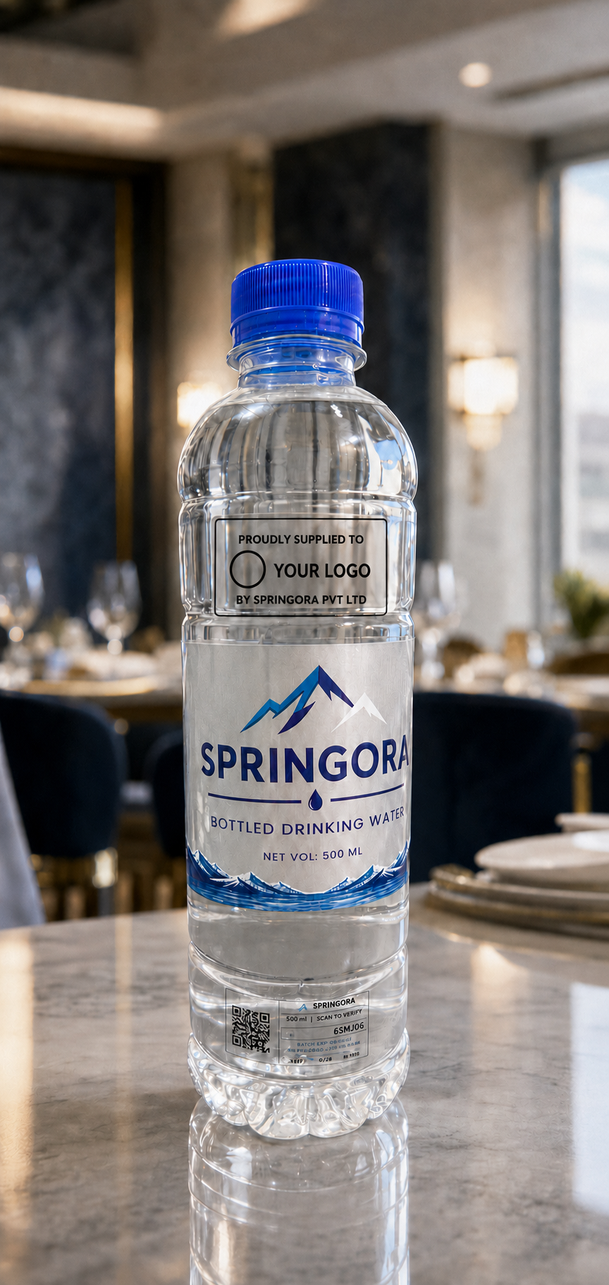 Springora 500 ml bottle with a small transparent customer logo panel