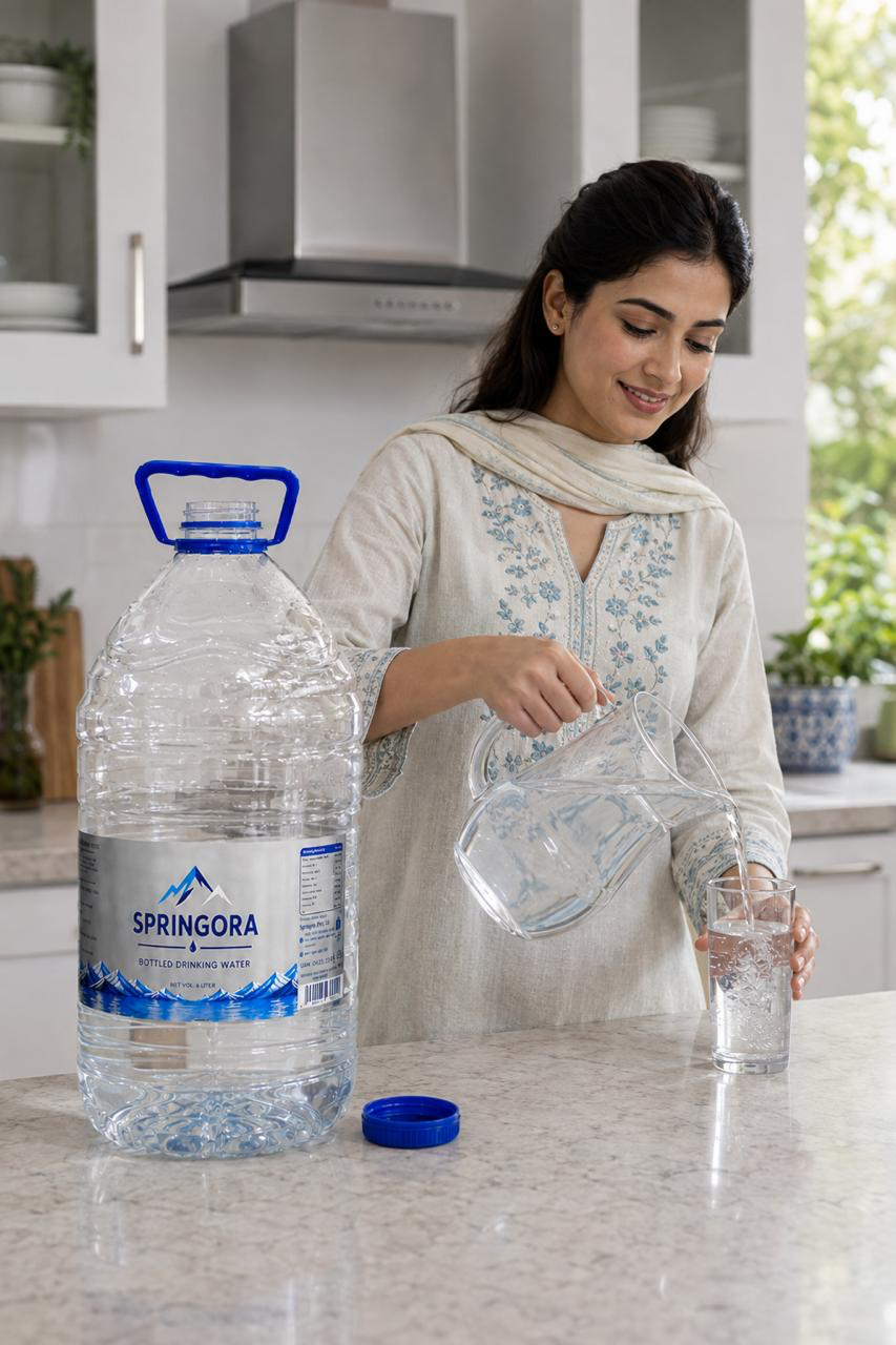 Pakistani woman pouring water from an original Springora 6 litre bottle