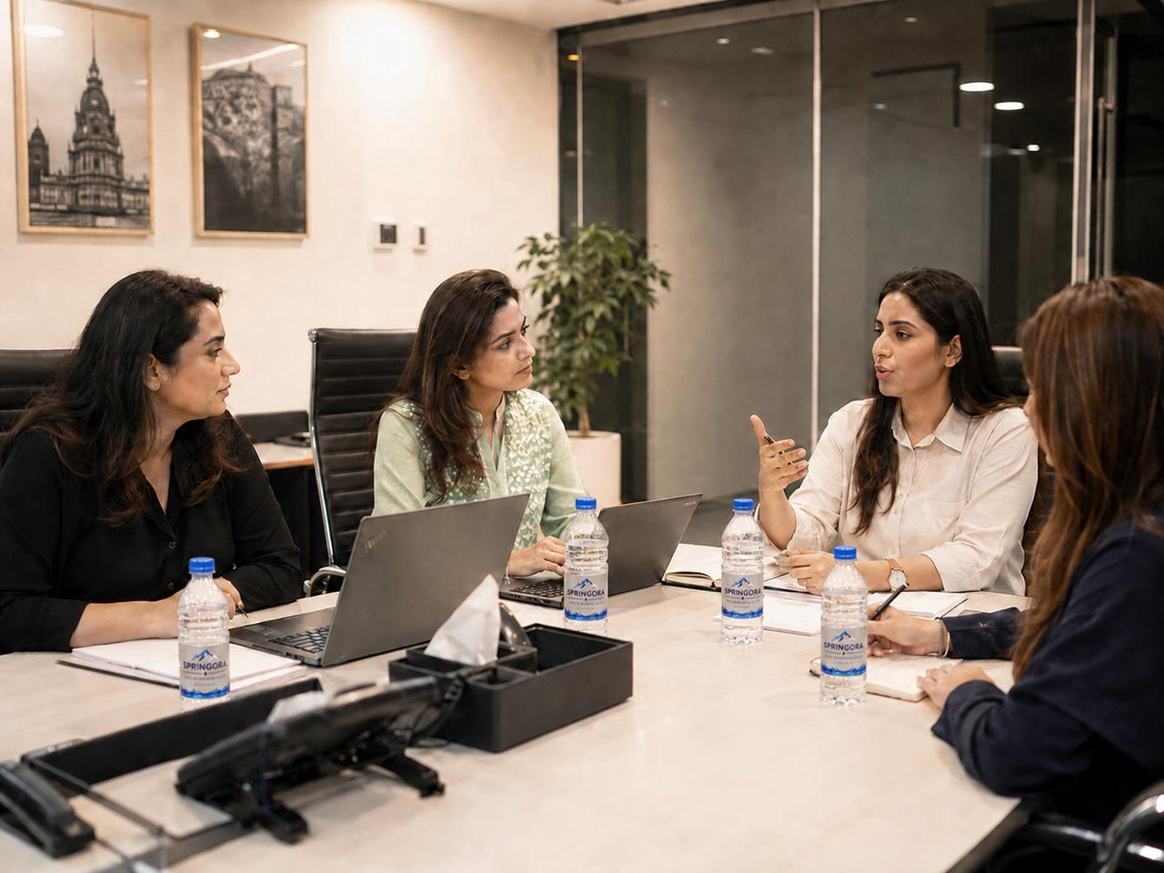 Springora 500 ml bottles in a Pakistani office meeting