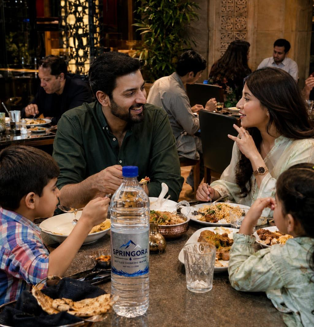 Springora 1.5 litre bottle served with a Pakistani family meal