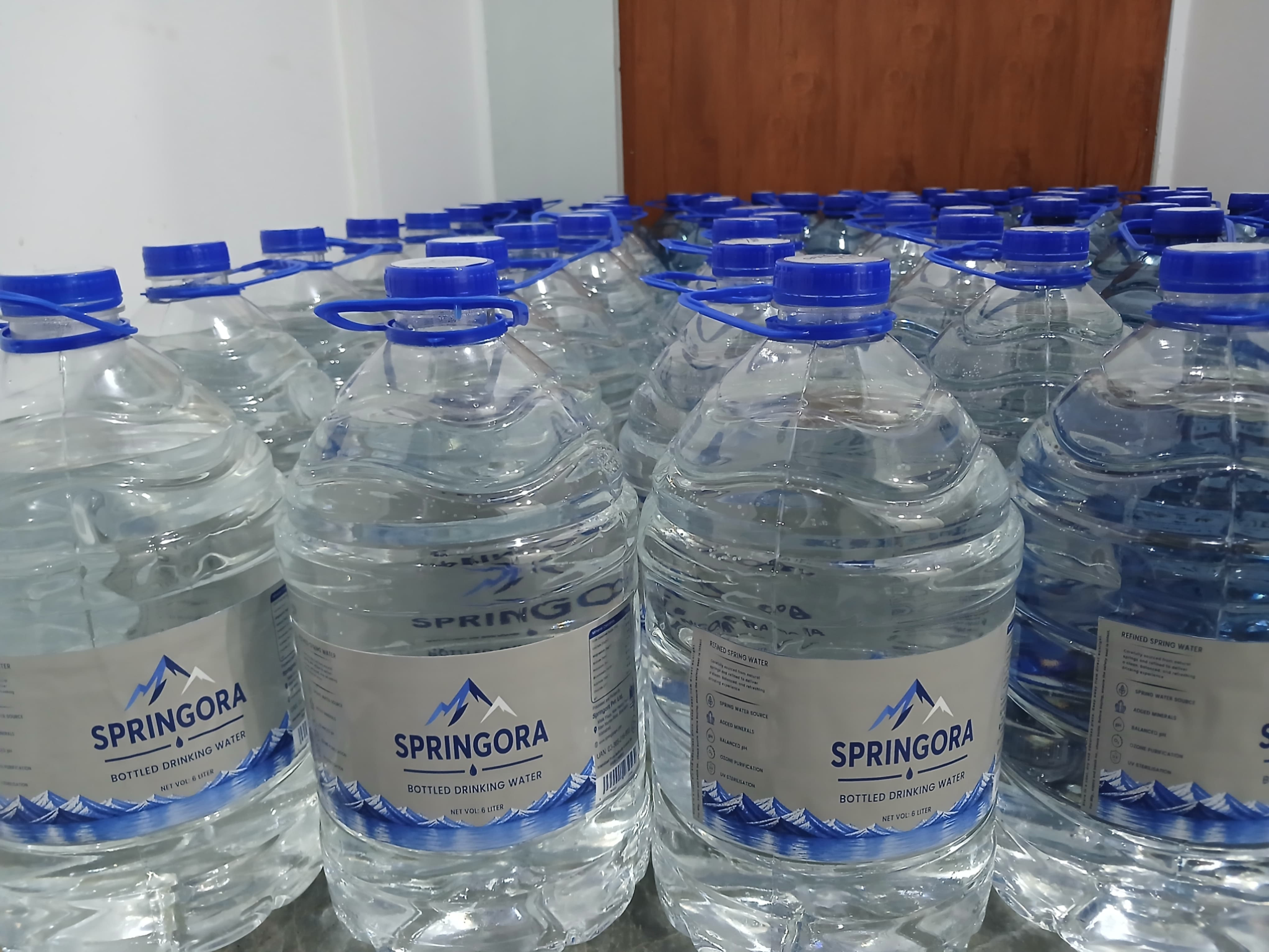 Rows of finished Springora 6 litre bottles