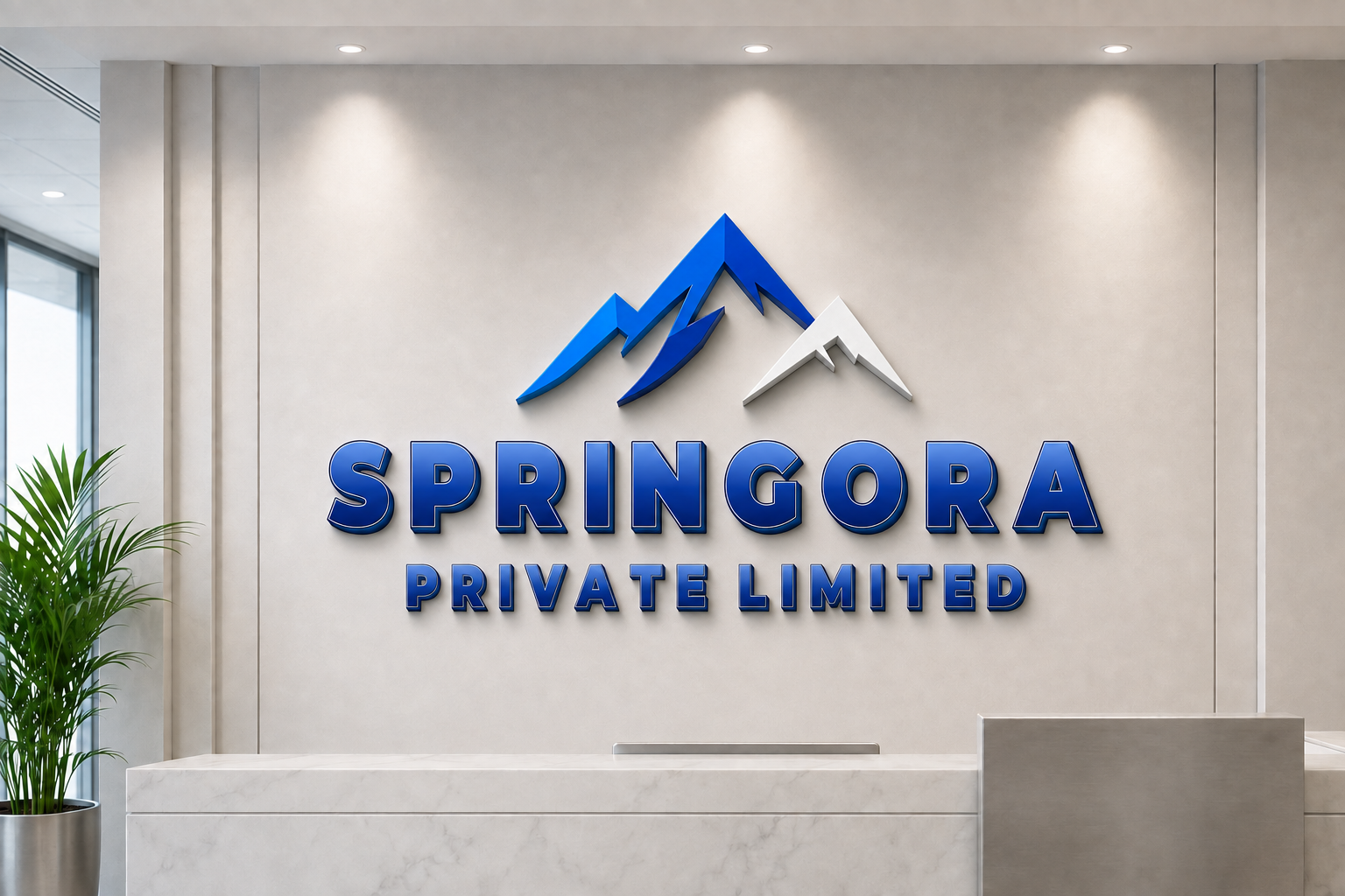 Springora Private Limited corporate reception with the Springora mountain logo
