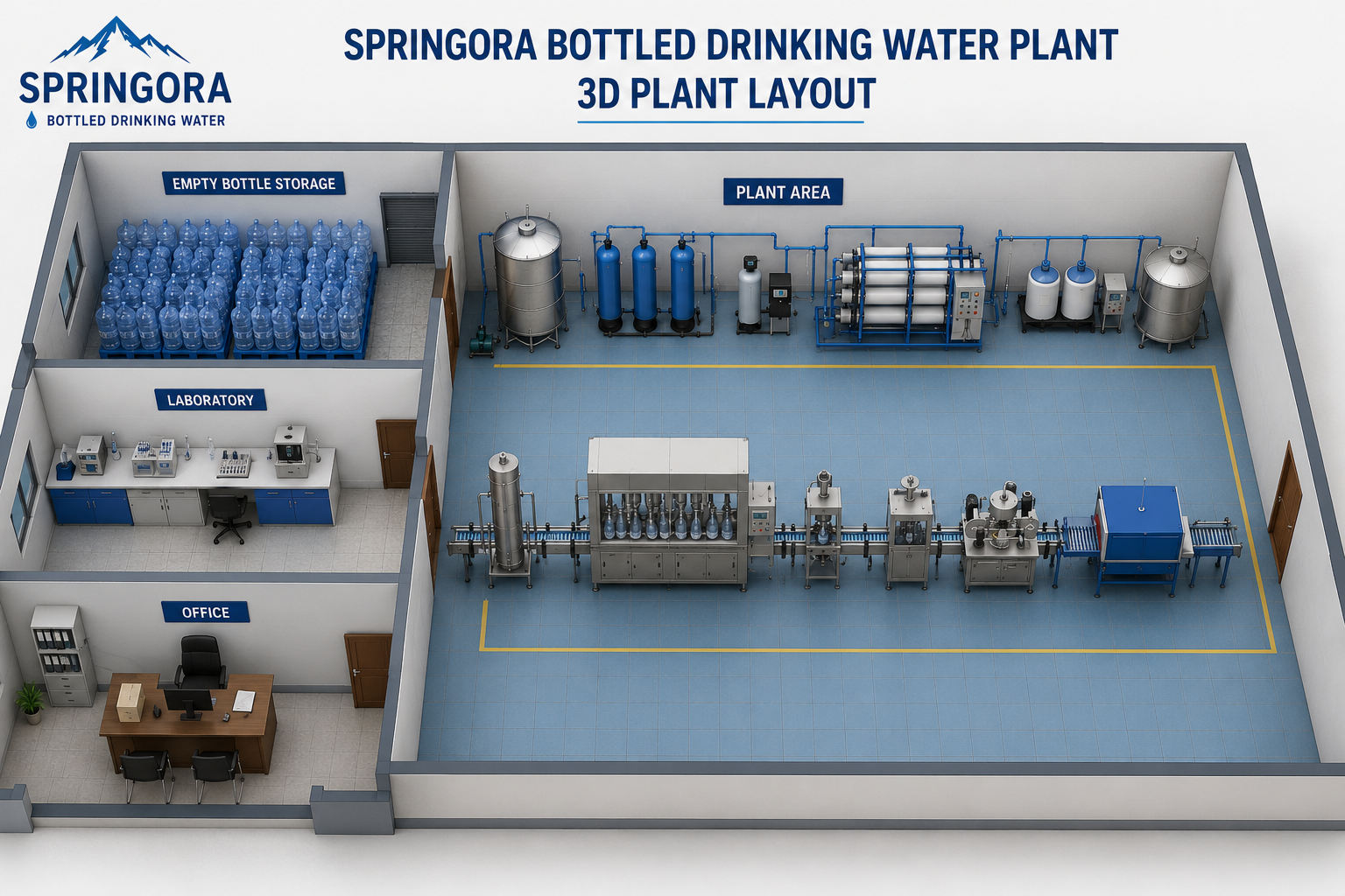 Springora facility plan showing the plant area, laboratory, office and bottle storage