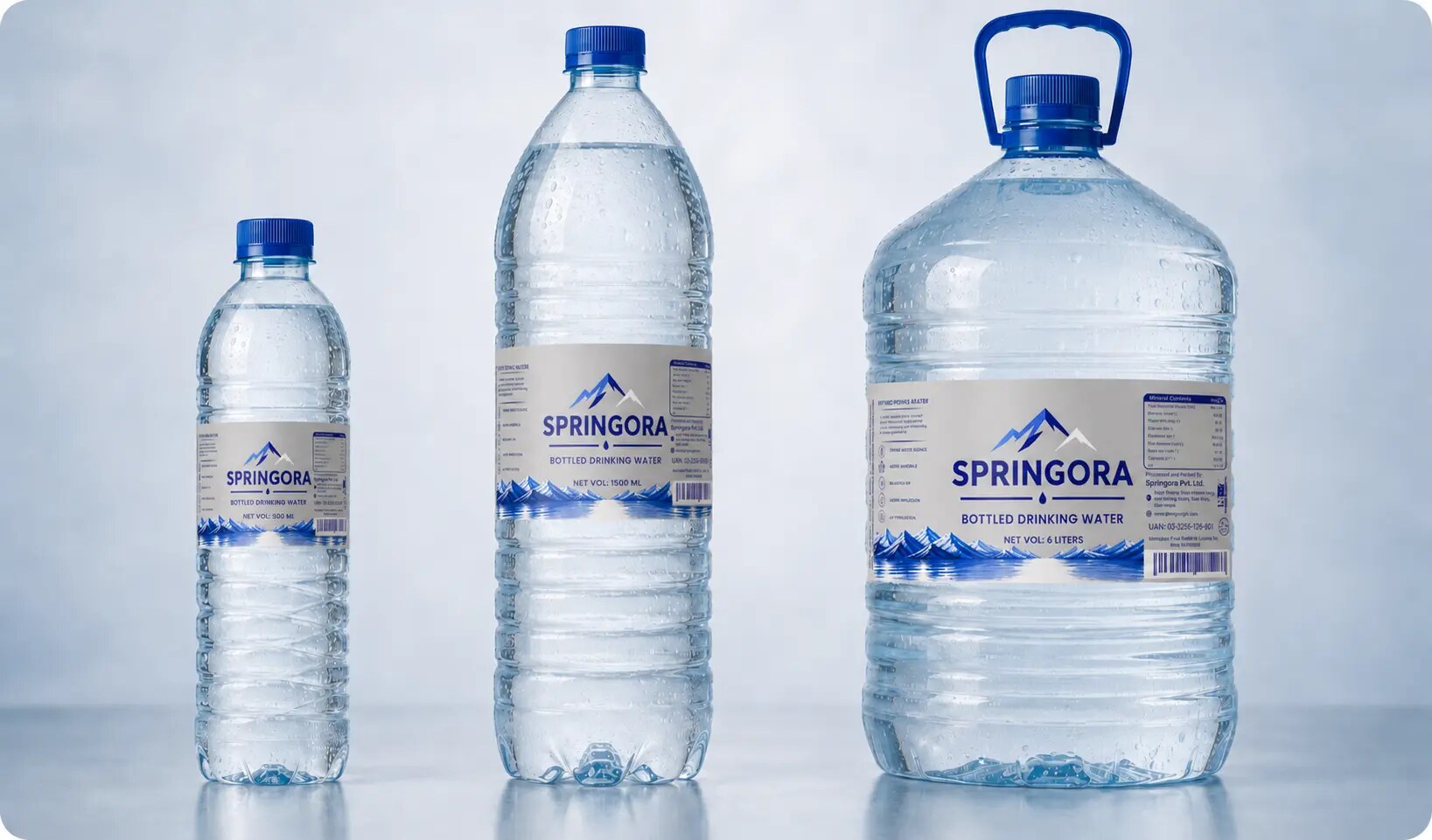 Springora bottled drinking water in 500 ml, 1.5 litre and 6 litre formats